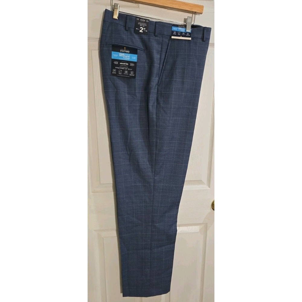 Stafford Dress Pants 42x34 Blue Plaid Cool Max Stretches up to 2" NEW